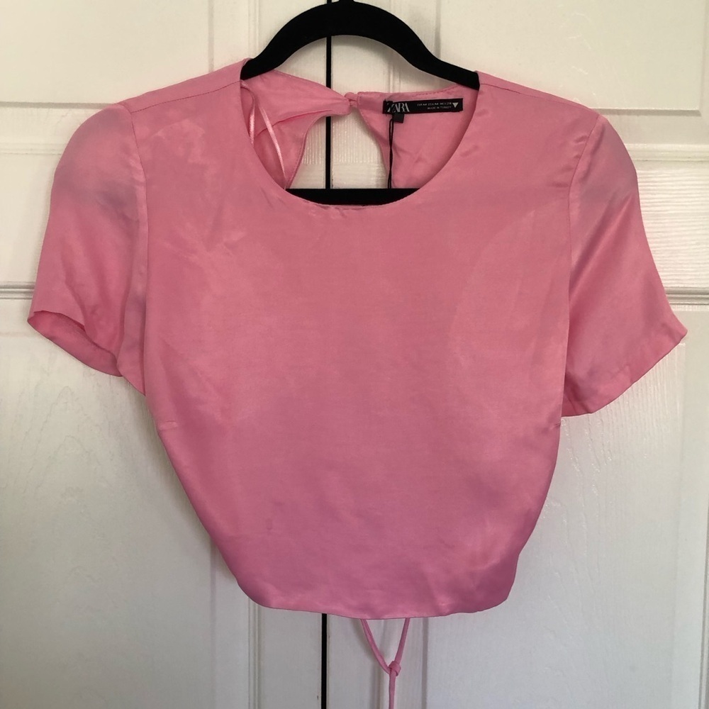 NWT Zara Pink Short Sleeve Satin Tie Back Pink Cropped Top Size M